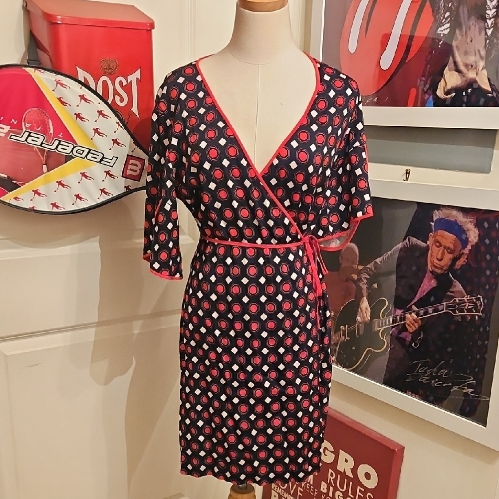 Diane Von Furstenberg Red and Black Geometric Wrap Dress